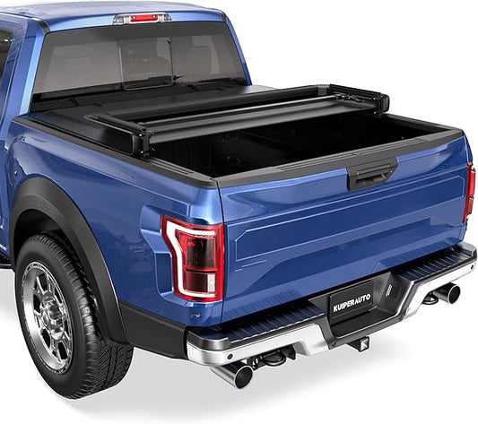 Tri 3-Folding 8FT Soft Folding Truck Tonneau Cover Compatible with 1999-2016 Ford F250 / F350 / F450 Super Duty Styleside 3 Fold On Top Truck Bed Cover