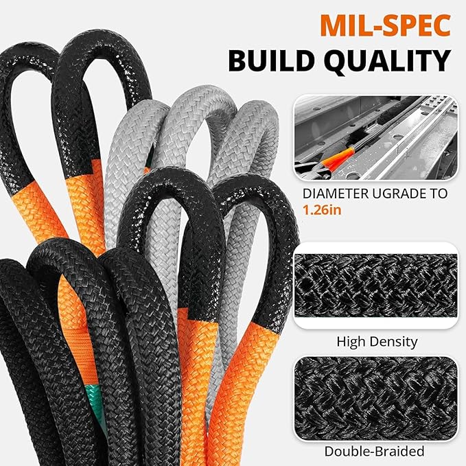 Kinetic Recovery Tow Rope: 1.26" x 30ft Snatch Strap with Soft Shackles Heavy Duty Offroad Towing Straps Kit for Trucks SUV UTV ATV Tractor Car Jeep - Black
