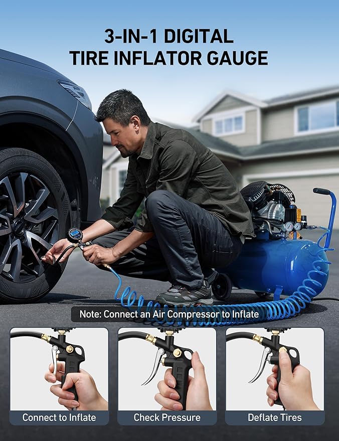 AstroAI Digital Tire Pressure Gauge with Inflator, 3-250 PSI Air Chuck & Compressor Accessories Heavy Duty with Quick Connect Coupler, 0.1 Display Resolution, 1pack