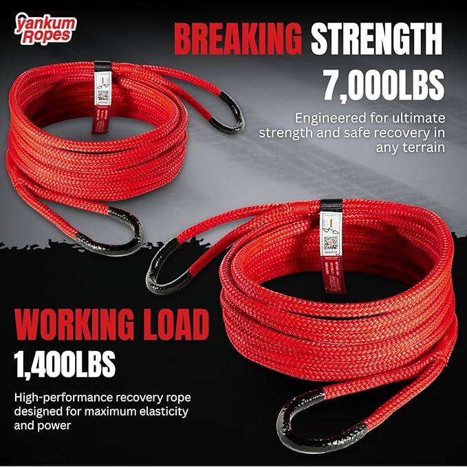Yankum Kinetic Recovery Rope - Heavy Duty 1/2" x 20' Tow Rope, Off-Road & Vehicle Recovery, Kinetic Energy Ropes for 4x4, Jeep, and Trucks, Made in USA – Racer Series