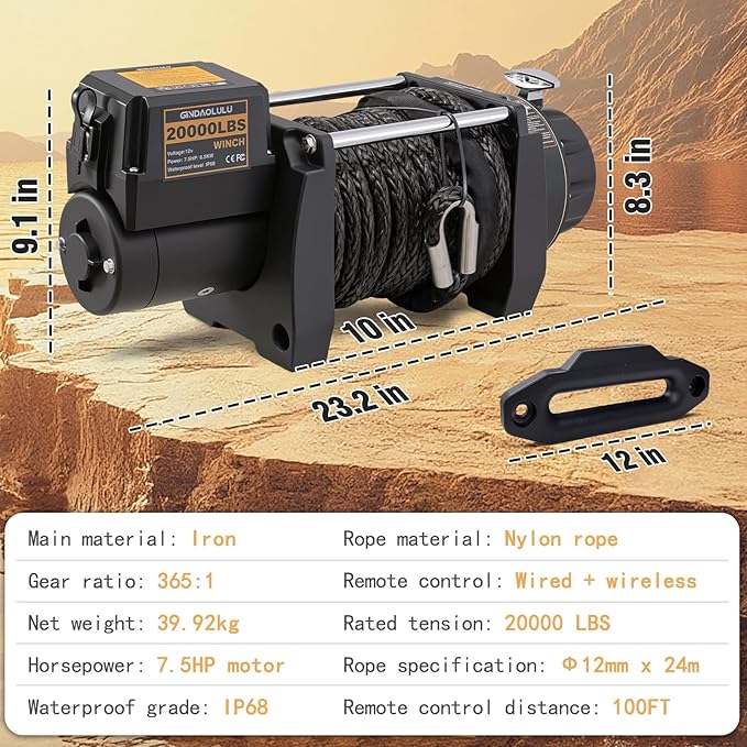 12V Electric Winch,20000LBS Load Capacity Trailer Winches with Synthetic Rope Towing Winches for Jeep Truck SUV and More,with Wired Handle and Wireless Remote