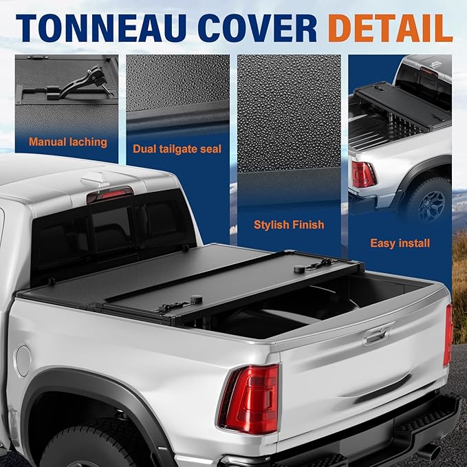 FRP Hard Tri-fold Tonneau Cover Fold Truck Bed Covers Compatible with 2009-2026 Dodge Ram 1500 & 2500 5' 7" Bed Without Ram Box (67.4")