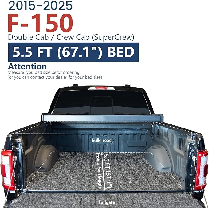 5.5ft Fiberglass Hard Shell Folding Truck Bed Tonneau Cover Fits 2015-2025 Ford F150 5'5"Bed (67") Bed | Waterproof Durable Theftproof | XTW-FRP | Without Drilling |high-end Version