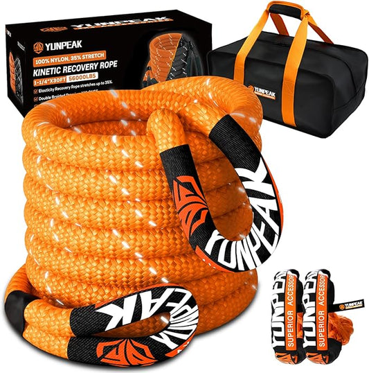 1.26" x 30ft Heavy-Duty Kinetic Recovery Rope – 56,000lbs Break Strength – Includes 2 Ultra-Strong UHMWPE Soft Shackles – Ideal for Trucks, SUVs, Jeeps, UTVs, ATVs & Tractors (Orange)