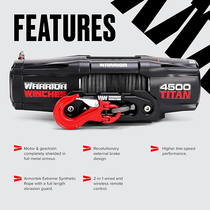 Warrior Winches - Titan 4,500lb Synthetic Rope Electric Winch – 12V, 3.4HP Motor, 166:1 Planetary Gear, Wired/Wireless Remote, Manual Clutch, Spring Brake, ATV/UTV Winch