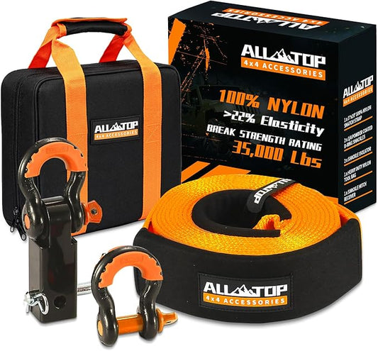 ALL-TOP Nylon Recovery Kit with Hitch Receiver: 3" x 20' (35,000lbs) 100% Nylon Snatch Strap + 2" Shackle Hitch Receiver + 3/4 HD Shackles (2pcs) with Isolator + Storage Bag