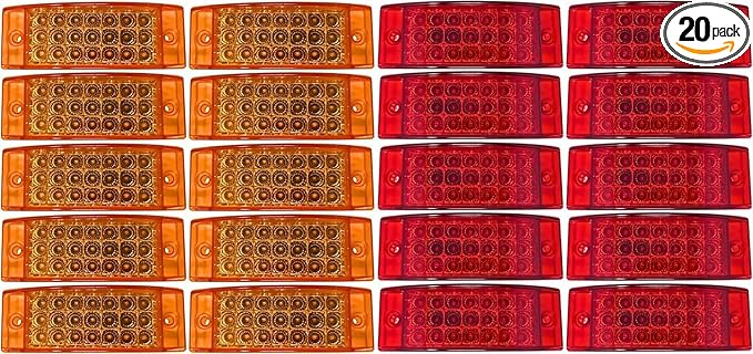 10x Amber + 10x Red 6" 21 LED Side Marker Clearance Light Rectangle 12V Truck Trailer Camper Boat Marine 6x2 Rectangular Surface Mount Sealed and Waterproof Strobe/Turn Functions
