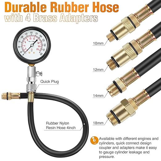 9 Pieces Automotive Compression Tester Kit and Spark Plug Tester, Universal Car and Motorcycle Engine Testing Tools for Cylinder Pressure Gauge (Red)