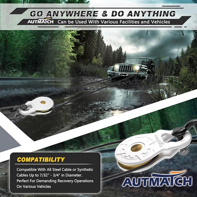 AUTMATCH Winch Snatch Block 18 Ton - Winch Pulley (79,366 Lbs) Break Strength, Heavy Duty Off Road Recovery Towing Pulley Blocks for Synthetic Rope or Steel Cable, Truck, UTV, ATV, White