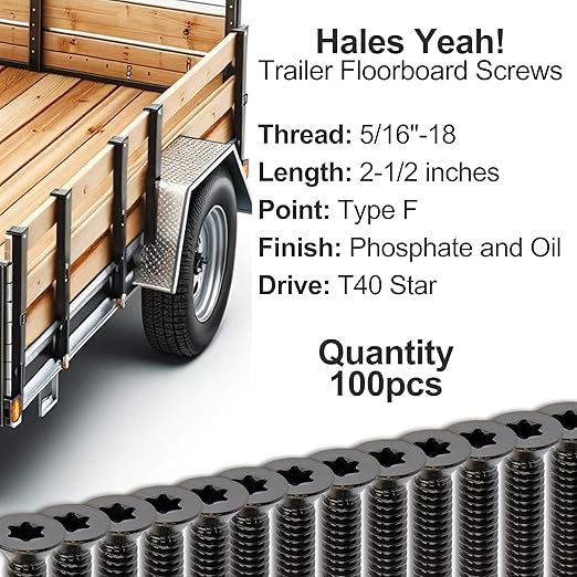 100pcs Trailer Deck Screws Self Tapping 2-1/2 in, 5/16-18 Thread, Flathead T40 Torx Wood to Metal Self Tapping Deck Screws for a Trailer