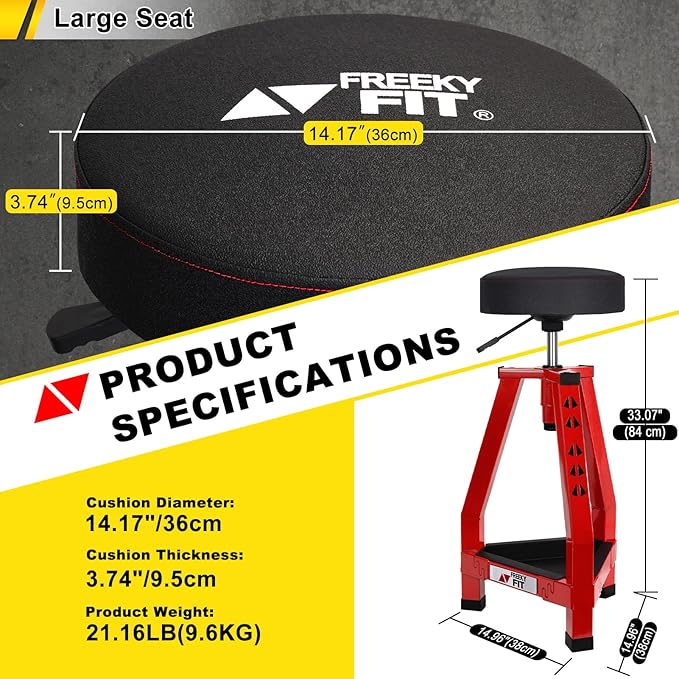 Adjustable Tall Shop Stool, Mechanic Garage Bar Stool Chair, Work Metal Chair for Workshop,360° Swivel Padded Seat, Tool Tray Storage, 350 LBS Capacity, Heavy Duty, Red