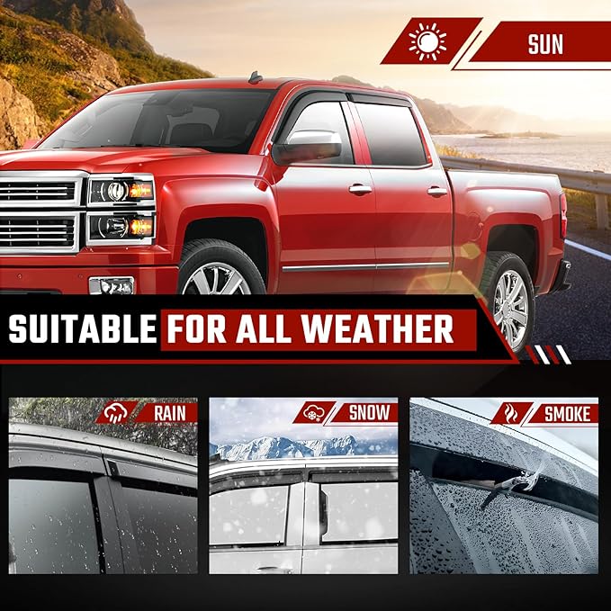 Rain Guards Fit for Chevy Silverado/GMC Sierra 1500 Crew Cab 2014 2015 2016 2017 2018, Extra Durable Tape-on Side Window Deflectors, Wind Deflectors Rain Guard Black - 4 PCS