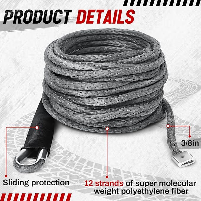 Gray Synthetic Winch Rope 3/8'' x 50ft 26, 500 Lbs Synthetic Winch Line Cable Rope with Protective Sleeve for Off Road Vehicle 4WD SUV Truck ATV UTV SUV
