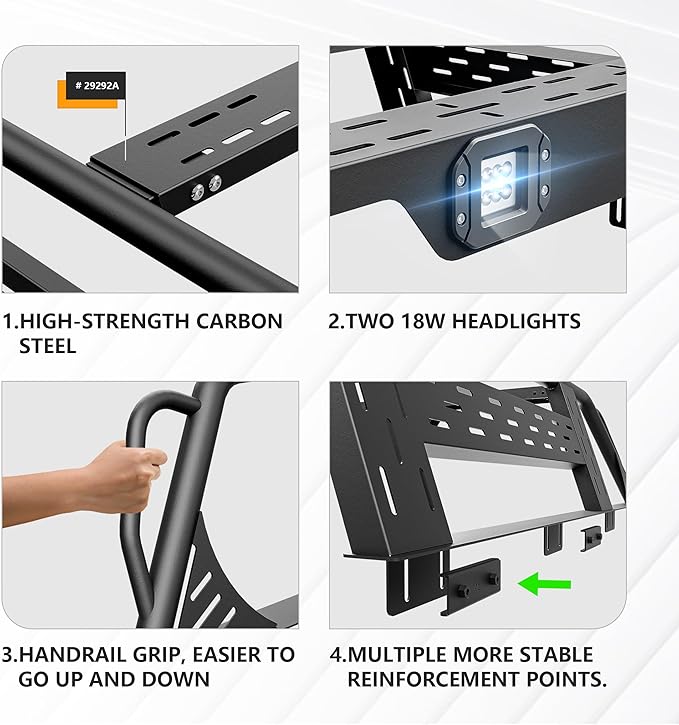 for F150 13.8" High Full-Size Overland Bed Racks Truck Cargo Carrier with 2 LED Lights Compatible with 1992-2025 Ford F150 with Bed Rails, 750 LBS Truck Rear Ladder Rack Back Cross Bars
