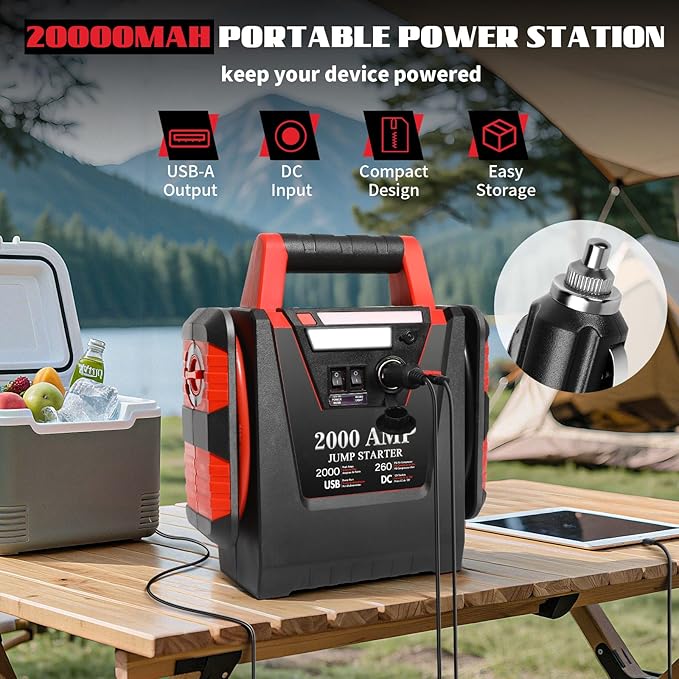 Jump Starter with Air Compressor,2000A Car Battery Jumper Starter 260 PSI Tire Inflator,6 in 1 Auto Lead-Acid Battery Booster Jump Starter for Up to 10.0L Gas or 8.0L Diesel with LED Light