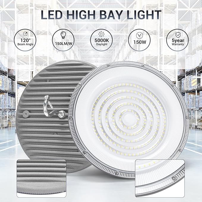 10 Pack 150W UFO Led High Bay Light,120VAC,5000K Daylight Commercial Bay Lighting,IP66 Waterproof,21050LM,650W MH/HPS with Plug Area Lighting for Warehouse/Shop/Workshop/Barn/Gym/Factory