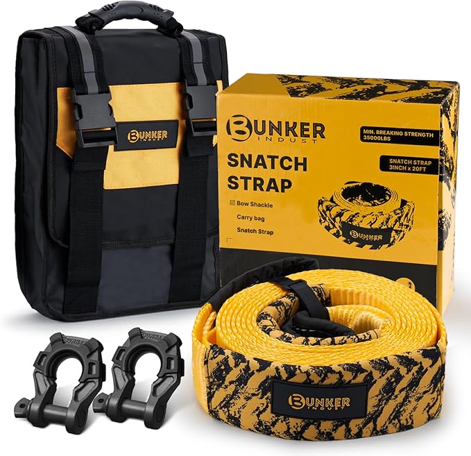 BUNKER INDUST Heavy Duty Tow Strap Recovery Kit, 3" x 20ft Recovery Straps + Pair 3/4 D Ring Shackles + Bag 35,000 lbs Tree Saver Winch Strap - Emergency Vehicle Off Road Towing Rope