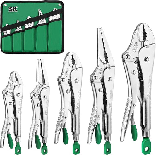 SK 5-Piece Locking Pliers Set, Long Nose & Curved Jaw Locking Pliers, Premium CR-V Construction, Ergonomic Anti-slip Handle, Ideal for Welding or Assembly, with Rolling Pouch
