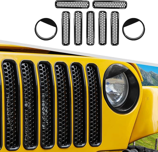 Jimen Fit for Jeep Wrangler TJ 1997-2006, Front Mesh Grille Inserts & Headlight Bezels Cover Trim