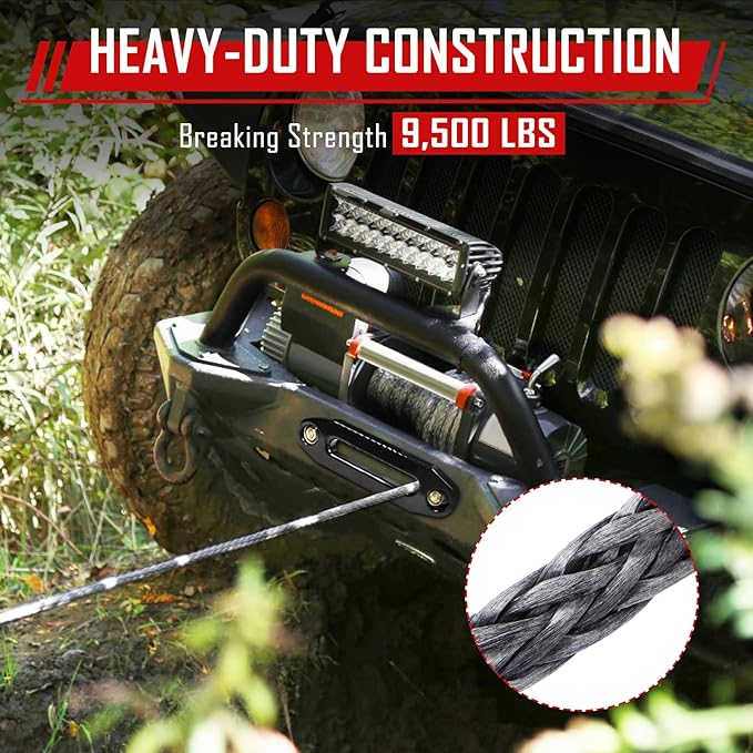 SPARKWHIZ Synthetic Winch Rope Kit 1/4" x 50ft 9500lbs Winch Rope Line Cable with Protective Sleeve, Rubber Stopper and Heavy Duty Winch Hook for Towing ATV UTV SUV
