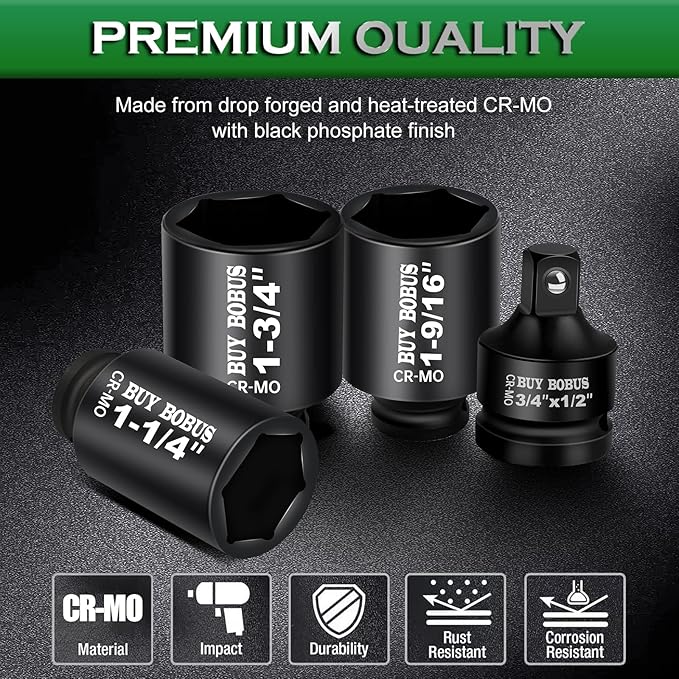 1/2" Drive Impact Socket Set, 9-Piece Standard SAE Deep Axle Nut Sockets, 6-Point, Cr-Mo,1-1/4，1-3/8，1-7/16，1-1/2，1-9/16，1-5/8，1-11/16，1-3/4, Impact Socket Adapter (3/4" x 1/2")