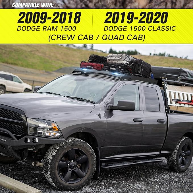 Roof Rack Cargo Basket Compatible with 2009-2018 Dodge Ram 1500 & 2019 2020 Classic Crew/Quad Cab, Truck Rooftop Cargo Carrier Top Luggage Storage Holder with 2 LED Lights