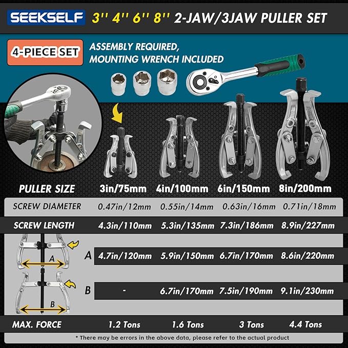 3" 4" 6" 8" Gear Puller Set, 2-Jaw/3-Jaw Bearing Puller Kit with Ratchet Wrench, Heavy Duty Pulling Tool, Reversible Jaw for Internal External Flywheel Gear Pulley Bearing Rotor Removal