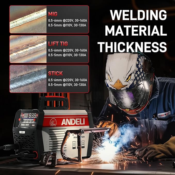 ANDELI MIG Welder, 160A 110V/220V Dual Voltage GAS MIG/FLUX MIG/LIFT TIG/STICK 4-In-1 Multiprocess MIG Welder, LED Digital Display Synergic Control,Gas Gasless MIG Welding Machine With welding rods