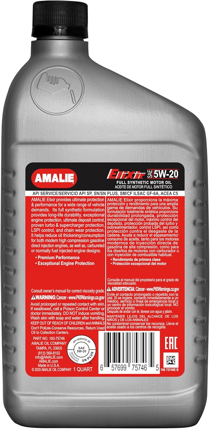 AMALIE Elixir 5W-20 dexos1 Full Synthetic Motor Oil (160-75746-56) 1 Quart Bottle, Pack of 12 | Made in USA