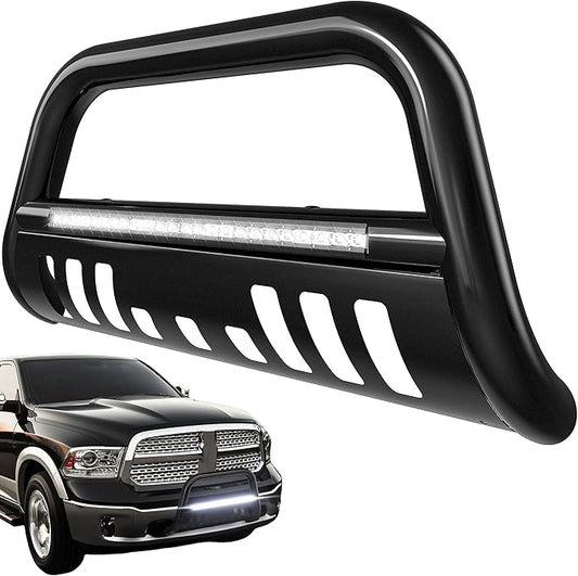 AUTOSAVER88 Bull Bar with LED Light Bar Compatible for 2004-2023 Ford F-150 F150 3" Tubing Front Grille Brush Push Bumper Guard Include Skid Plate Light Mount Black