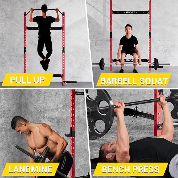 Folding Squat Rack for Home Gym, 2.36" x 2.36" Folding Power Rack with Pull Up Bar, J Hooks and Landmine Attachments, 1000 LBS Capacity Wall Mounted Squat Rack, Space Saving Weight Cage