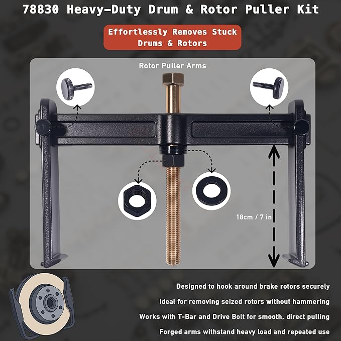 Heavy Duty Hub Drum and Rotor Puller Kit 78830, Hub Removal Tool Compatible with 1-1/4 inch Socket and 1-1/4 or 32 mm Wrench, Drum Rotor Brake Hub Puller