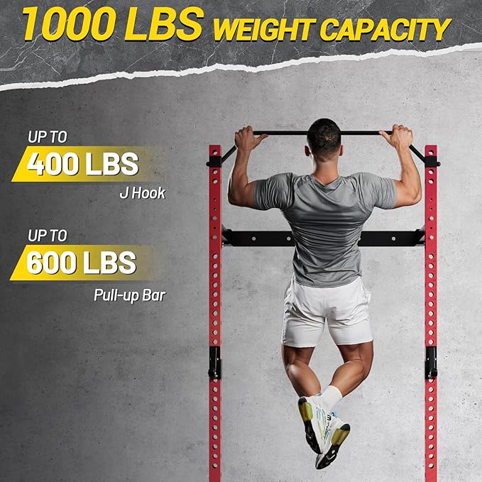 Folding Squat Rack for Home Gym, 2.36" x 2.36" Folding Power Rack with Pull Up Bar, J Hooks and Landmine Attachments, 1000 LBS Capacity Wall Mounted Squat Rack, Space Saving Weight Cage