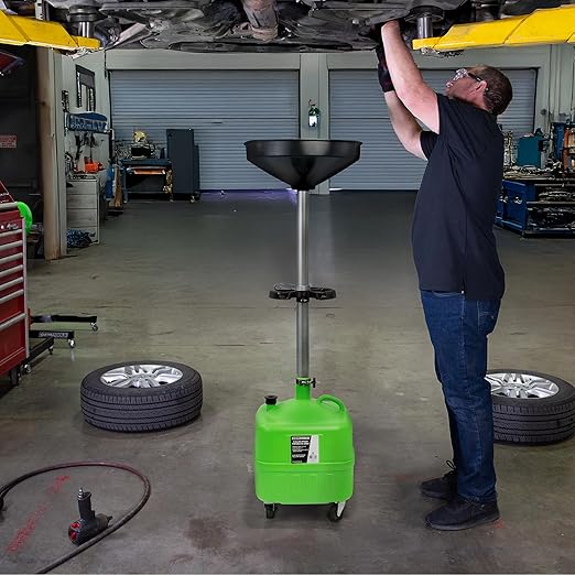 OEMTOOLS 87032 Oil Drain Pan with Funnel, 9 Gallon Oil Catch Pan with Adjustable Height, Portable Oil Drain Container with 17" Funnel