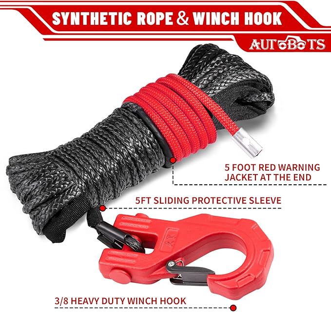 AUTOBOTS Synthetic Winch Rope 1/4" X 50 Ft，Max 9500lbs Winch Rope with Heavy Duty 3/8 Hook，Winch Cable Line for Off Road Vehicle ATV UTV RED