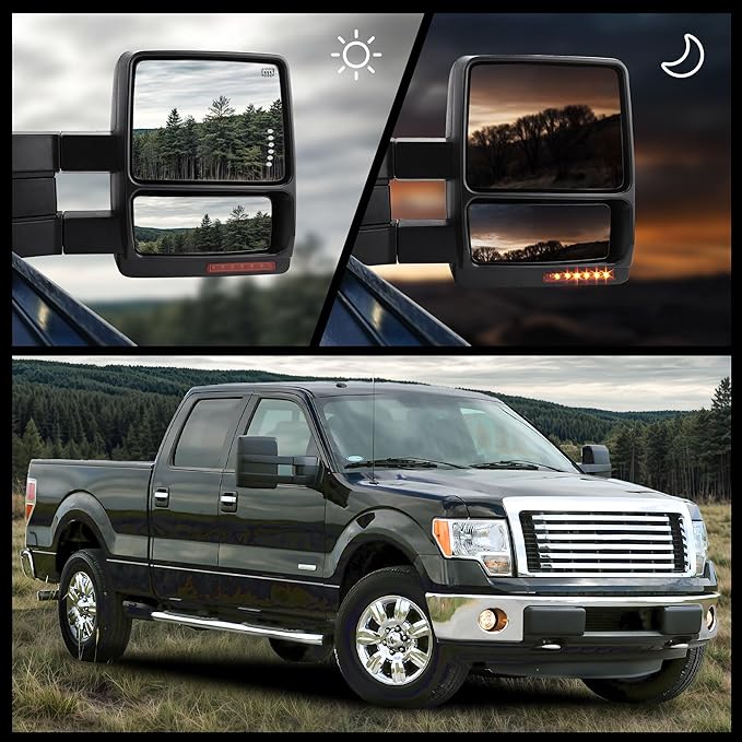 DWVO Towing Mirror Compatible with 2007-2014 Ford F150 Series Pickup Mirrors, Power Heated LED Signal Puddle Light Manual Telescoping (a Pair)