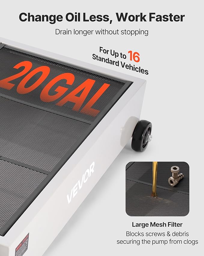VEVOR Low Profile Oil Drain Pan, 20 Gallon Capacity, Rolling Oil Drain Pan with Electric Pump, 7.2 ft Hose & T Folding Handle, Leak-proof & Corrosion-resistant, Fit for Cars, SUVs, Trucks, ATVs, White