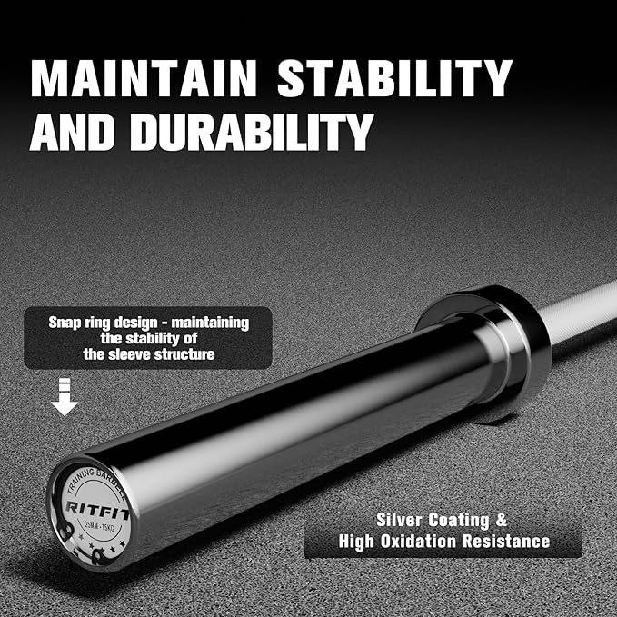 RITFIT 7FT Olympic Barbell for Strength and Weightlifting Training - 2 Inch Olympic Bar for Squat, Deadlift, Bench Press, Curl, Overhead Press - 500lbs/1000lbs/1500lbs Capacity