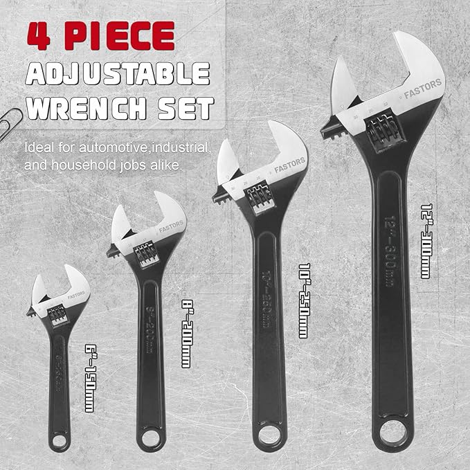 4-Pack Adjustable Wrench,6"/8"/10"/12” Drop Forged Black Oxide Heavy Duty with Smooth Jaw