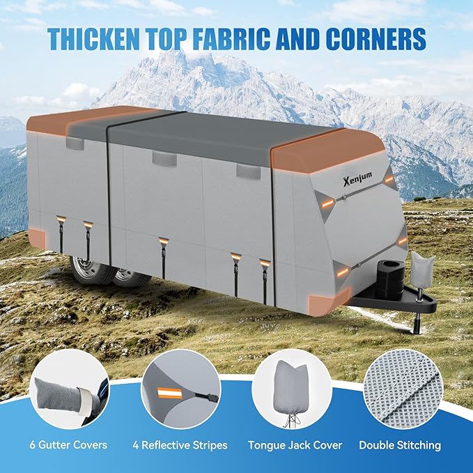 RV Cover for 27-30 ft Travel Trailers, 7 Layers Heavy Duty Camper Cover, Weatherproof & UV Resistant Motorhome Trailer Cover with Gutter & Tongue Jack Covers