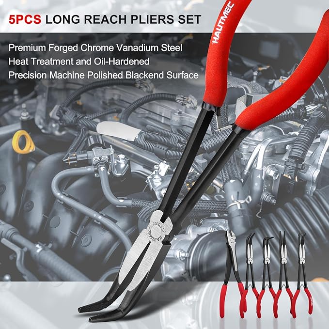 HAUTMEC 11Inch Extra Long Needle Nose Pliers Set, 5PCS Spring Loaded Heavy Duty Long Reach Pliers Include Hose Grip and Diagonal Cutting Plier, Straight and 45/90 Degree Bent Nose Pliers
