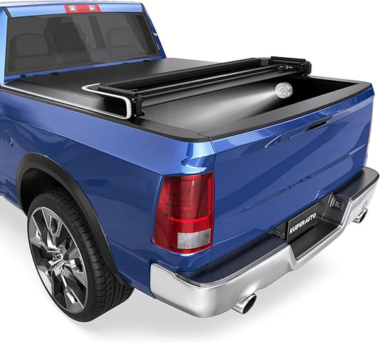 Soft Quad Fold Truck Tonneau Cover Compatible for 2002-2025 Dodge Ram 1500/03-2024 Ram 2500 3500 W/o Ram Box 6.4 Feet Bed Reflective Strip Style