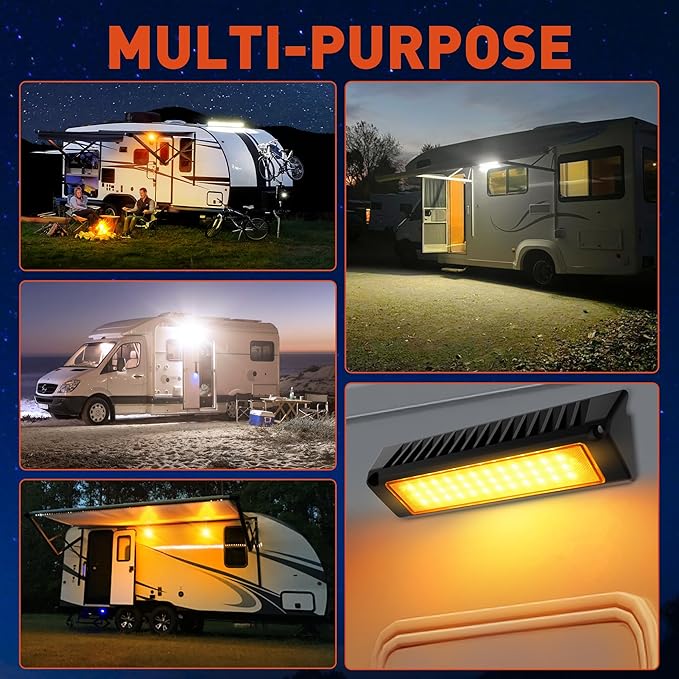 LED RV Exterior Porch Utility Light Waterproof 10-30V DC Low Current 9" Lighting Fixture 54W 2000LM Aluminum Base led Scene Lighting for RV, Trailer, Camper(6000K Nature Yellow White)