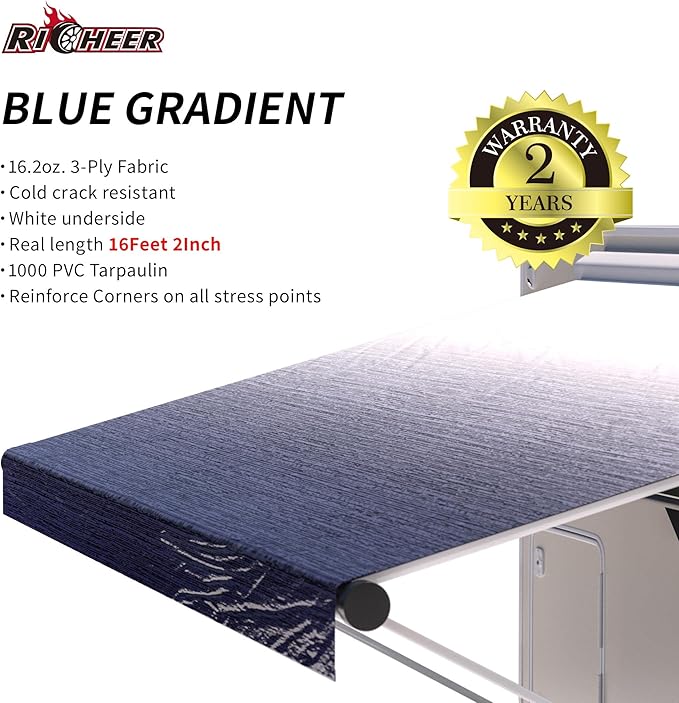 Richeer RV 17' Awning Fabric Replacement - Advanced Weatherproof and Ultraviolet - Camper Trailer and Motorhome Universal Outdoor Canopy - Single Sided Blue Gradient Printing (1000D Oxford Cloth)