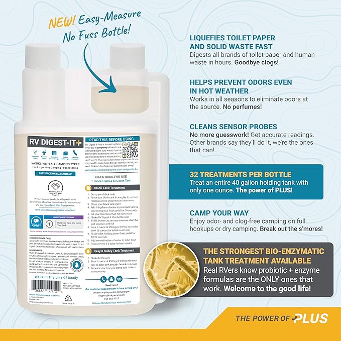 Unique RV Digest-It Ultra RV Toilet Treatment, 64 Uses - Eliminates Smells and Liquifies Waste, Easy-Measure Preventive Holding Tank Treatment, Package May Vary (32 oz, Pack of 2)
