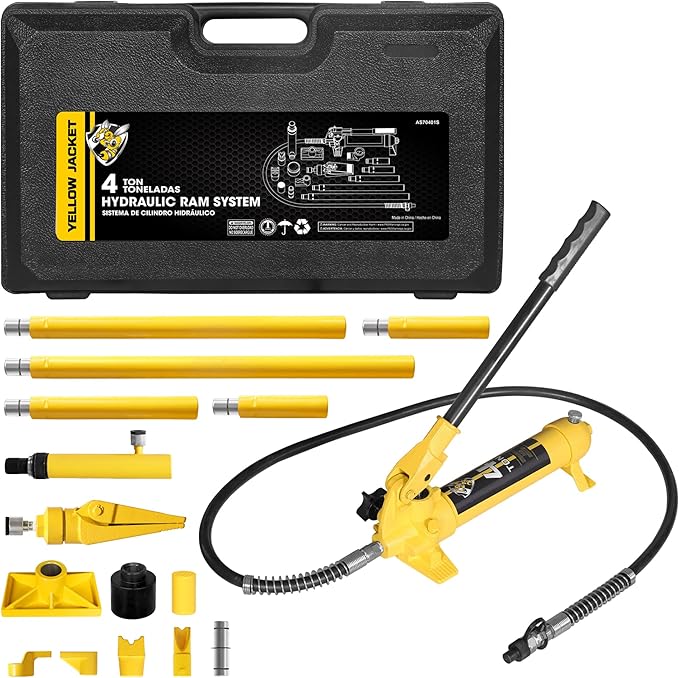 YELLOW JACKET 4 ton Porta Power Kit Hydraulic Ram Jack Pusher Puller Auto Body Frame Repair Tool with Blow Mold Carrying Storage Case for Car Repair,Truck,Farm