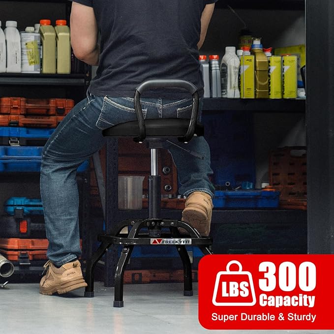 Garage Stool, Adjustable Height Swivel Work Mechanic Shop Stool with Backrest, Pneumatic Shop Chair for Home, Workshop, 300 LBS Capacity, 360° Rotation, Heavy Duty, Black
