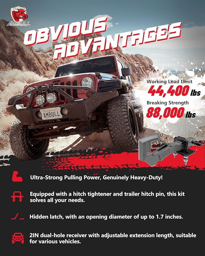 Tow Hitch Receiver Hook with Hitch Tightener, Truck Hitch 2 Inch Receiver Hitch, Drop Forged Steel Trailer Hitch Receiver 88000 Lbs Break Strength, Scorpion Tail Tow Hook for Trucks, Darkgrey