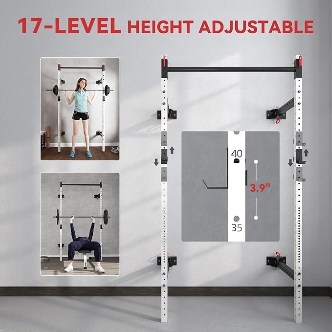 Soozier Folding Squat Rack with Adjustable Pull-Up Bar, 1000 Pounds Capacity Wall Mounted Power Rack, Adjustable Barbell Rack with J Hooks for Home Gym Full Body Workout