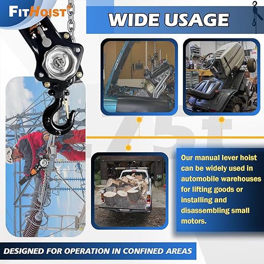 1 Ton Chain Hoist 2200LBS Capacity 10Ft Lift Manual Lever Chain Hoist Manganese Steel G80 Chain w/ 2 Heavy Duty Hooks, for Open-Air and Confined Space Lifting